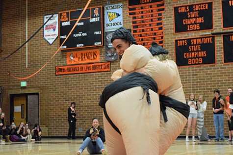 De and Miller battle it out in inflatable Sumo Wrestler Costumes.