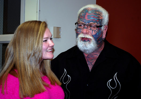 Scary Guy interacts with freshman Gabrielle Broeker, during an LPTV interview.