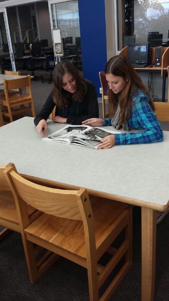 Seniors Gretchen and Erika Beckner study in the library.
