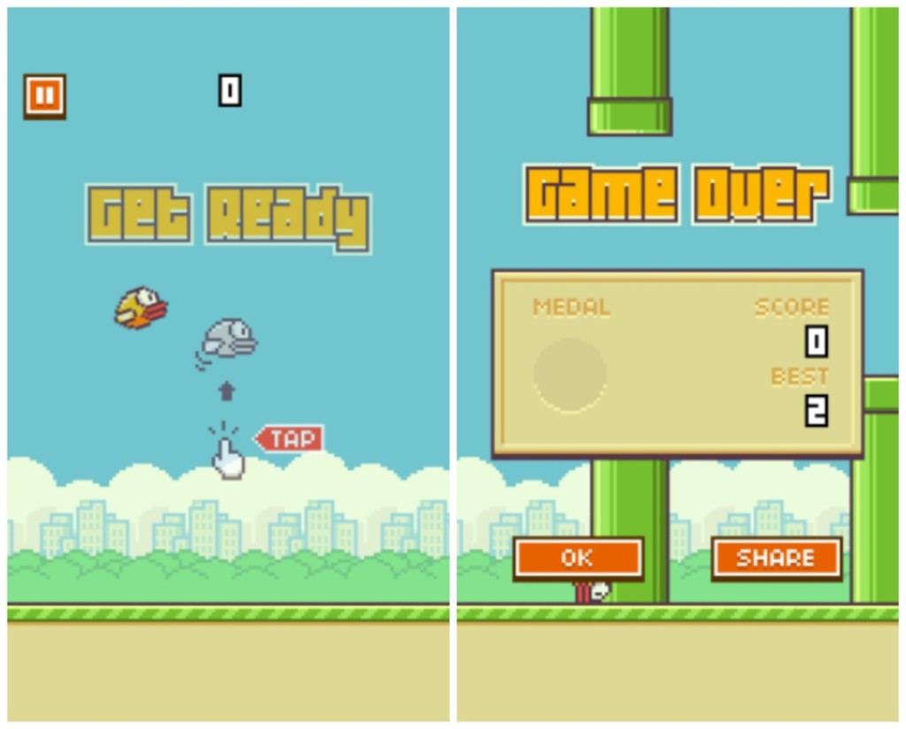View of the start and finish of Flappy Bird