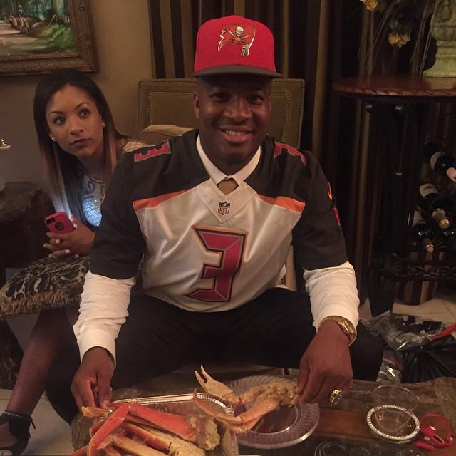 James enjoying crab legs after being selected by the Bucs.