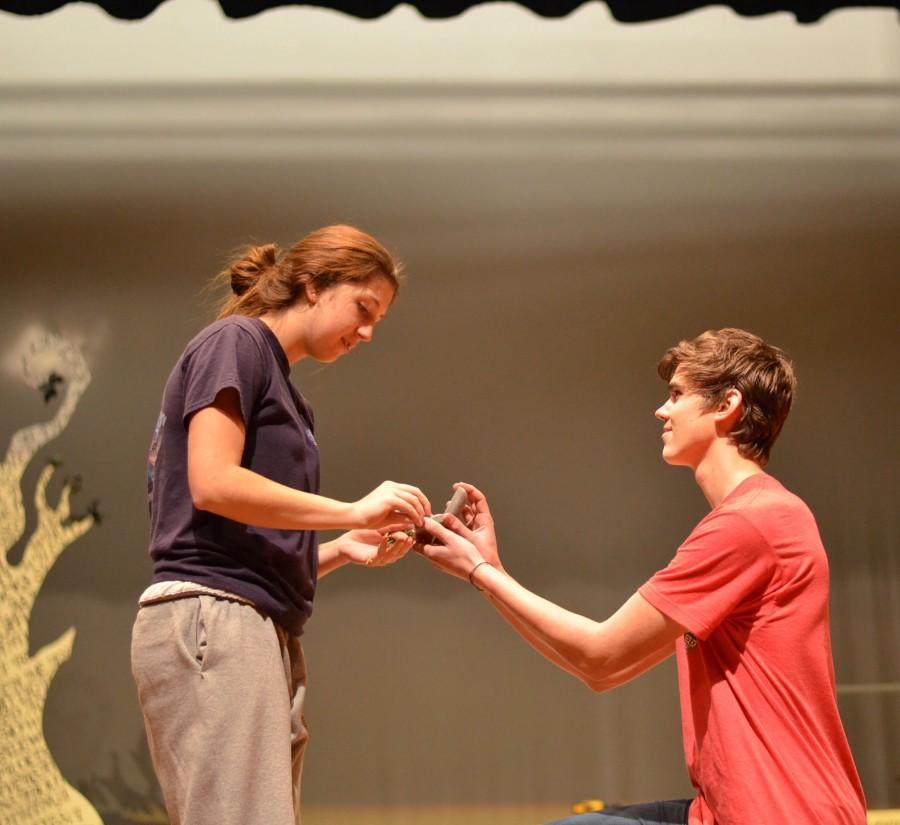 Caleb Krainock proposing to Amber Matalus in the play rehearsal. 