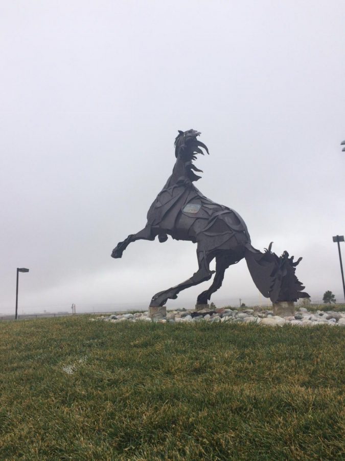 The Ranger Horse in front of Lewis-Palmer High School stands out after the district called a 2 hour delay on Monday, November 7.