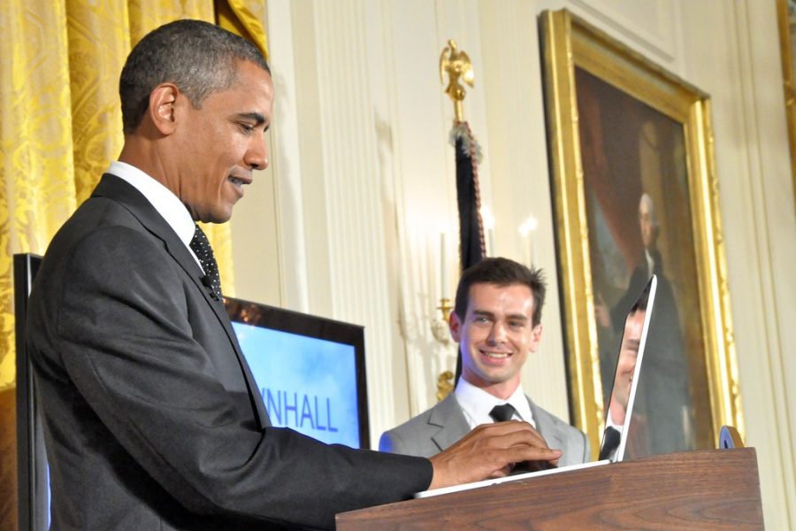 Jack Dorsey watches as former president Barack Obama as he makes his first Presidential Tweet. Taken July 6th, 2011.