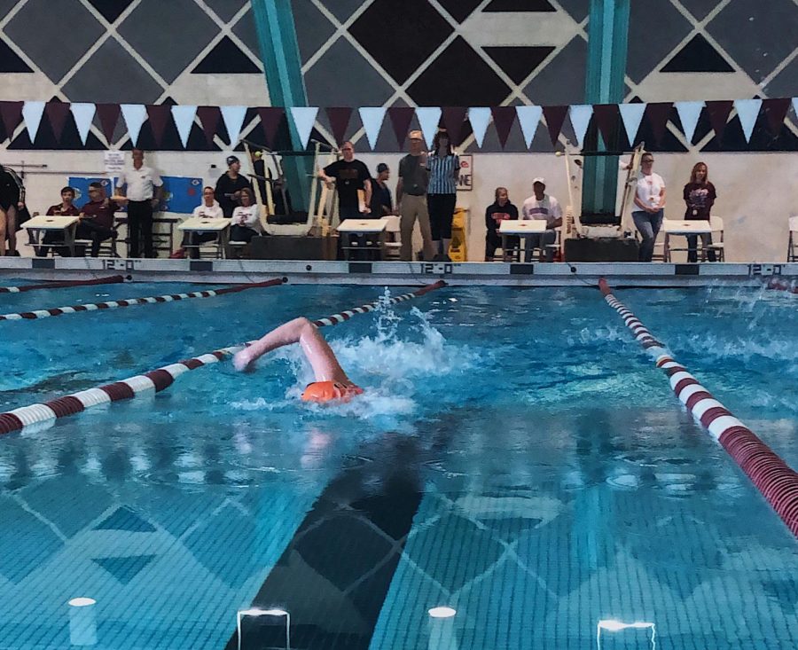  Meghan O’Connell 12, captain of the swim team, starts her first length in her 500 meter free. She is seated first in her heat and ninth overall. “Obviously theyre great contributors to the team,” Coach Cromer said about the seniors. “...and great leaders on the team. Our captains especially.”

