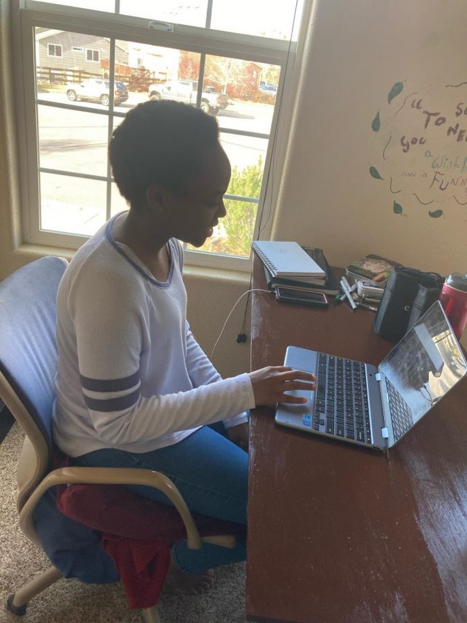 Shaina Gichuki 9 works on an online assignment from home. “Flex Fridays should just be left as office hours if students have questions. So I could sign in for maybe ten minutes for attendance and any explanations teachers want to give me, and then I can leave when necessary.”