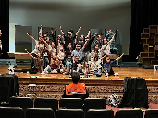 The cast poses at the  end of a rehearsal. “In the drama club we have our own little aura and environment and each crew or cast member has their own as well, and it kind of shows what the people are like at LPHS,” Ashford said.