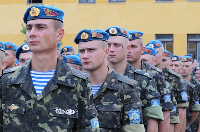 Ukrainian soldiers line up for orders from their commander. The 95th Airborne Brigade awaits deployment. The Ukrainian soldiers have been ready to fight for their country and proudly defend their families. 