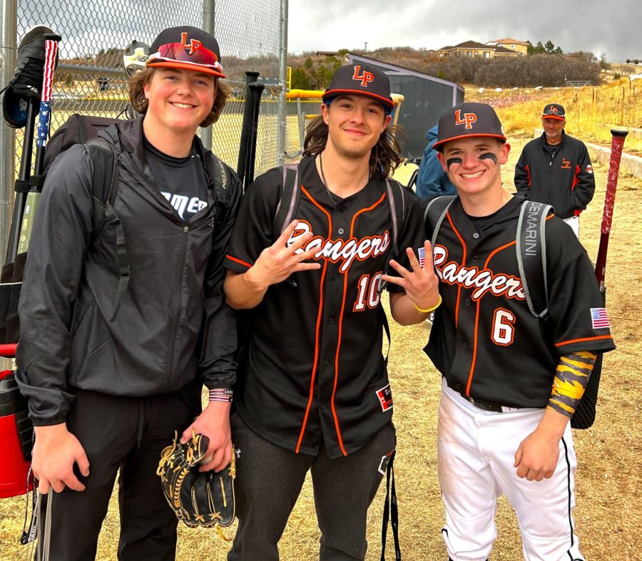(Pictured left to right) Matt Rhoades 11, Max Randis 12, and Daulton Johnson 12 bask in the satisfaction of having just redeemed themselves from a loss against DCC. Randis hit a crucial home run in the beginning of the game that started the lead for the Rangers, setting them up for a win. Final score being 12-2, favoring the Rangers.
